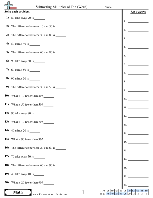 Subtracting Multiples of Ten (Word) worksheet